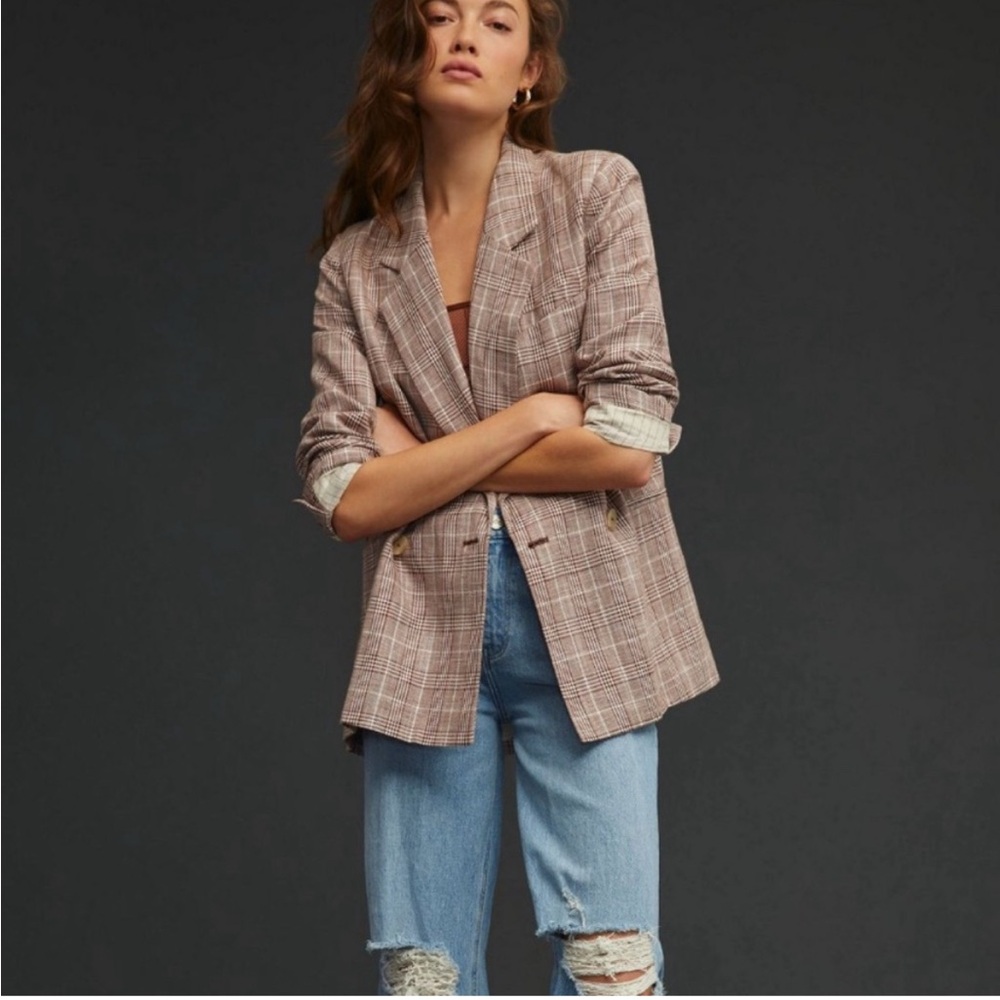 Anthropologie Maeve Double-Breasted Blazer Brown Plaid Linen Blend.